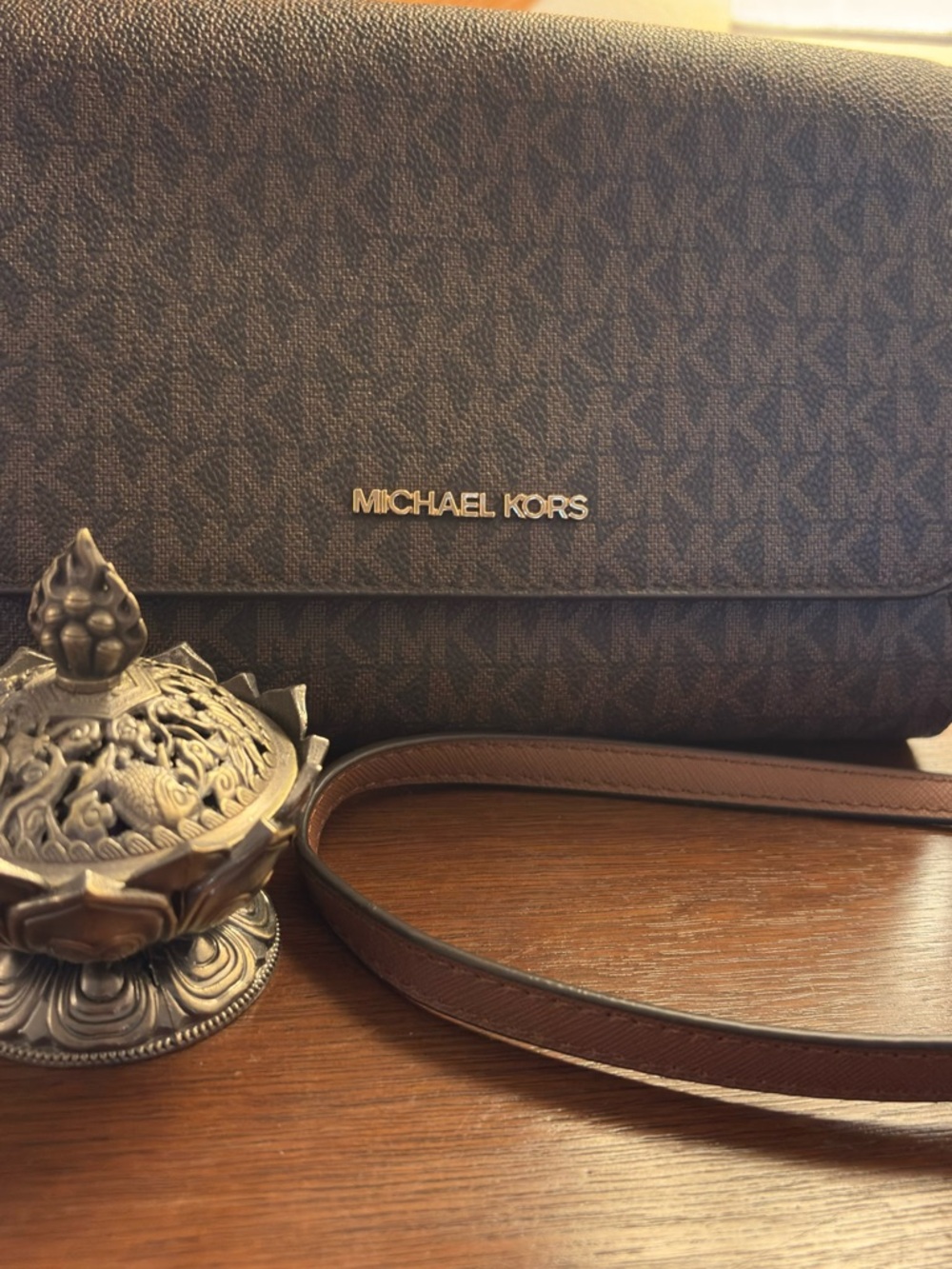 Michael Kors Brown MK Monogram Flap Crossbody 9L X 6H